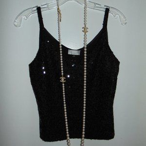 Womens Black Sequin Front Tank Top-Side Zip Size 4 Satin Back Tahari Luxe Party
